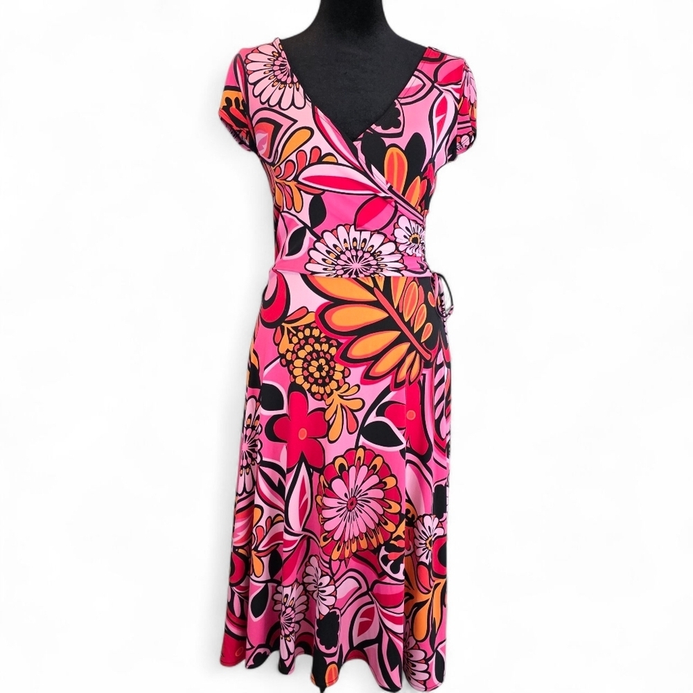 🌺 LIZZATTI Slinky Flowy Floral Wrap Dress Size 4 | Retro 90s Y2K Bold Print 🌺